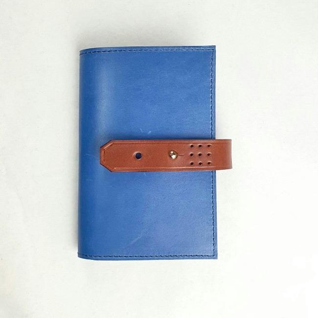 Hands of Tym stationery Cobalt Blue / Tan with Gold stud / Ruled 'Laurel' The Bespoke Handmade Luxury Leather Notebook / Diary A6