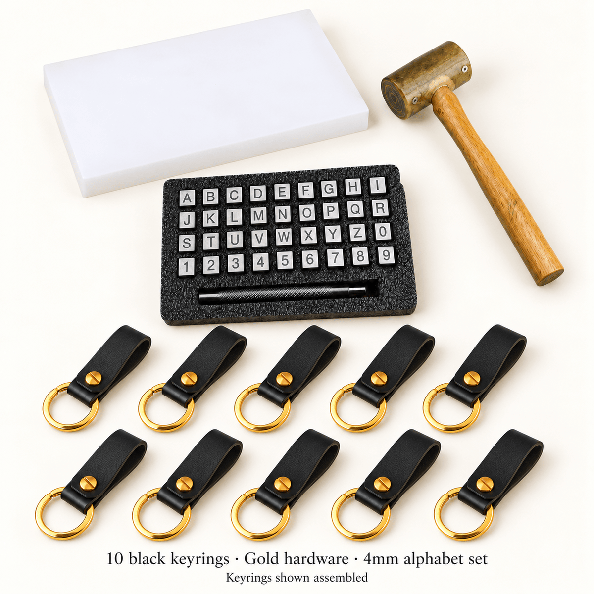Hands of Tym DIY 10 keyrings / Gold / Alphabet (4mm) Black Keyring Stamping Kit