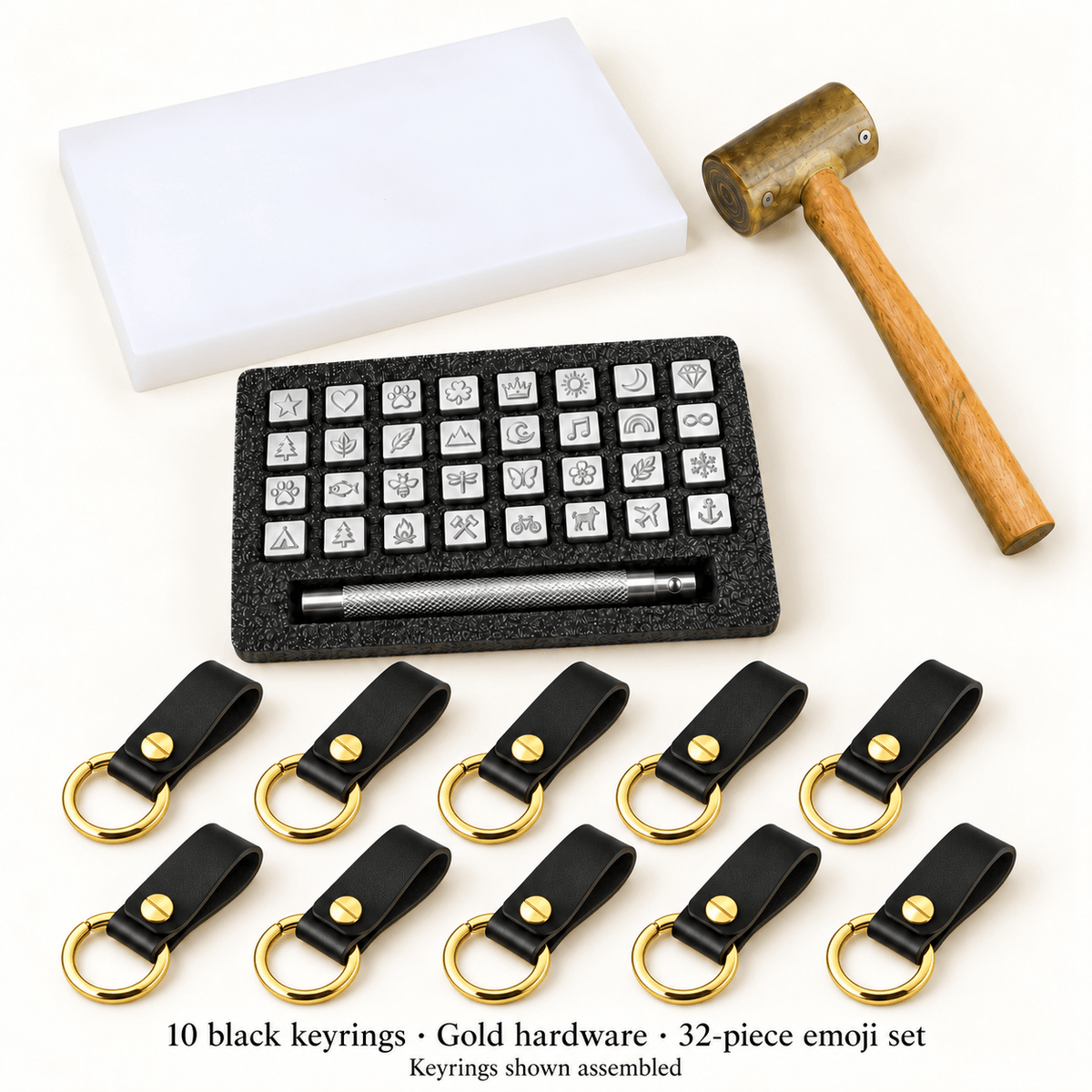 Hands of Tym DIY 10 keyrings / Gold / Emoji (32-piece) Black Keyring Stamping Kit