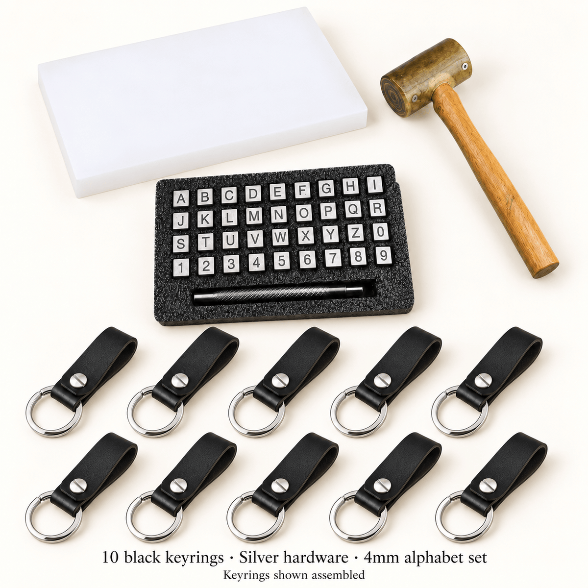 Hands of Tym DIY 10 keyrings / Silver / Alphabet (4mm) Black Keyring Stamping Kit