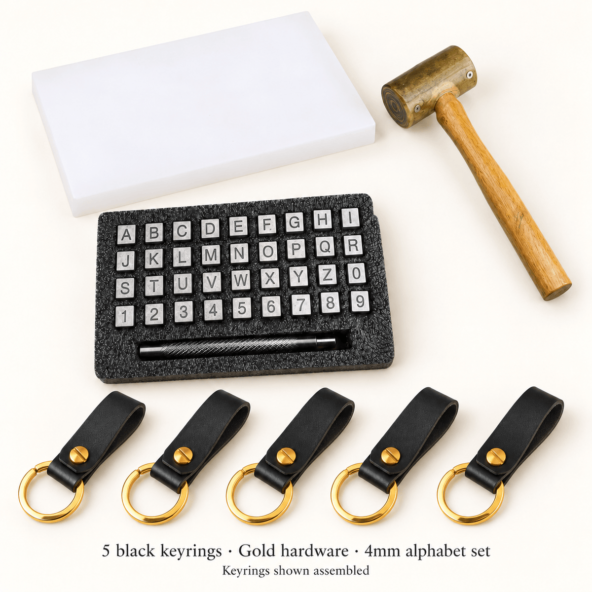 Hands of Tym DIY 5 keyrings / Gold / Alphabet (4mm) Black Keyring Stamping Kit
