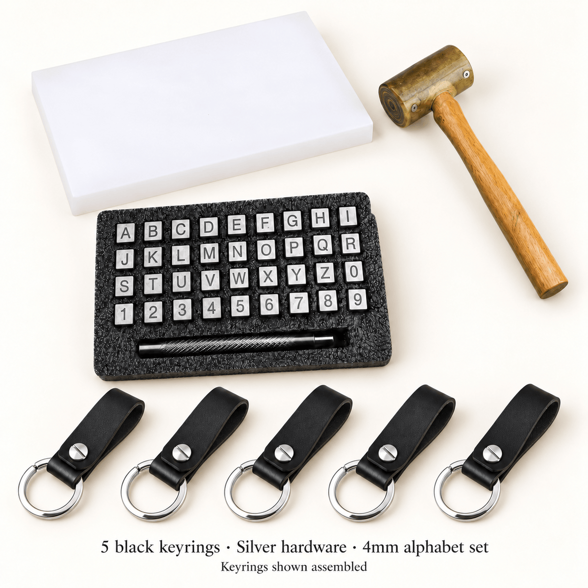 Hands of Tym DIY 5 keyrings / Silver / Alphabet (4mm) Black Keyring Stamping Kit