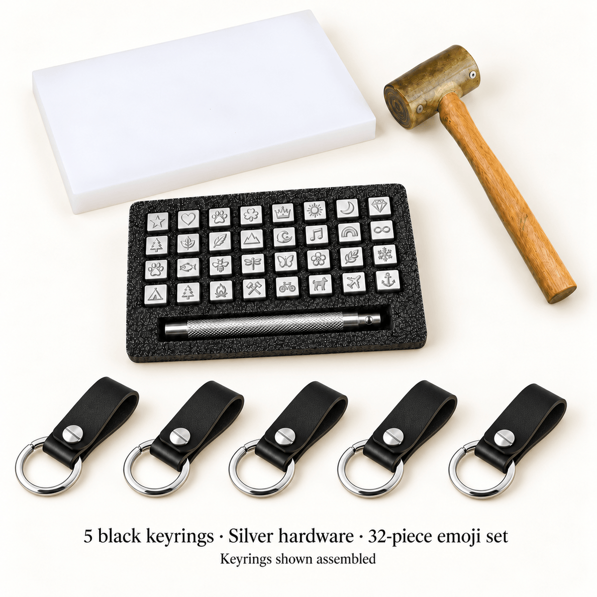 Hands of Tym DIY 5 keyrings / Silver / Emoji (32-piece) Black Keyring Stamping Kit