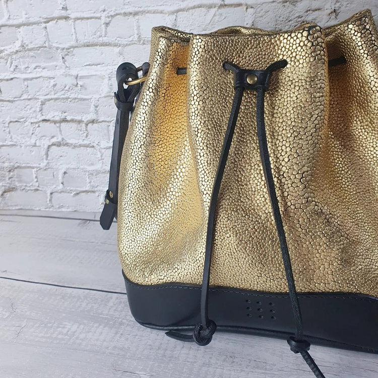 Hands of Tym Handbags Gold Stingray / Silver 'Hazel' Bespoke Handmade Soft Suede Medium Bucket Bag