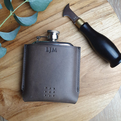 Hands of Tym Flasks 'Aspen' Rounded Pewter Hip Flask with Bespoke Handmade Leather case