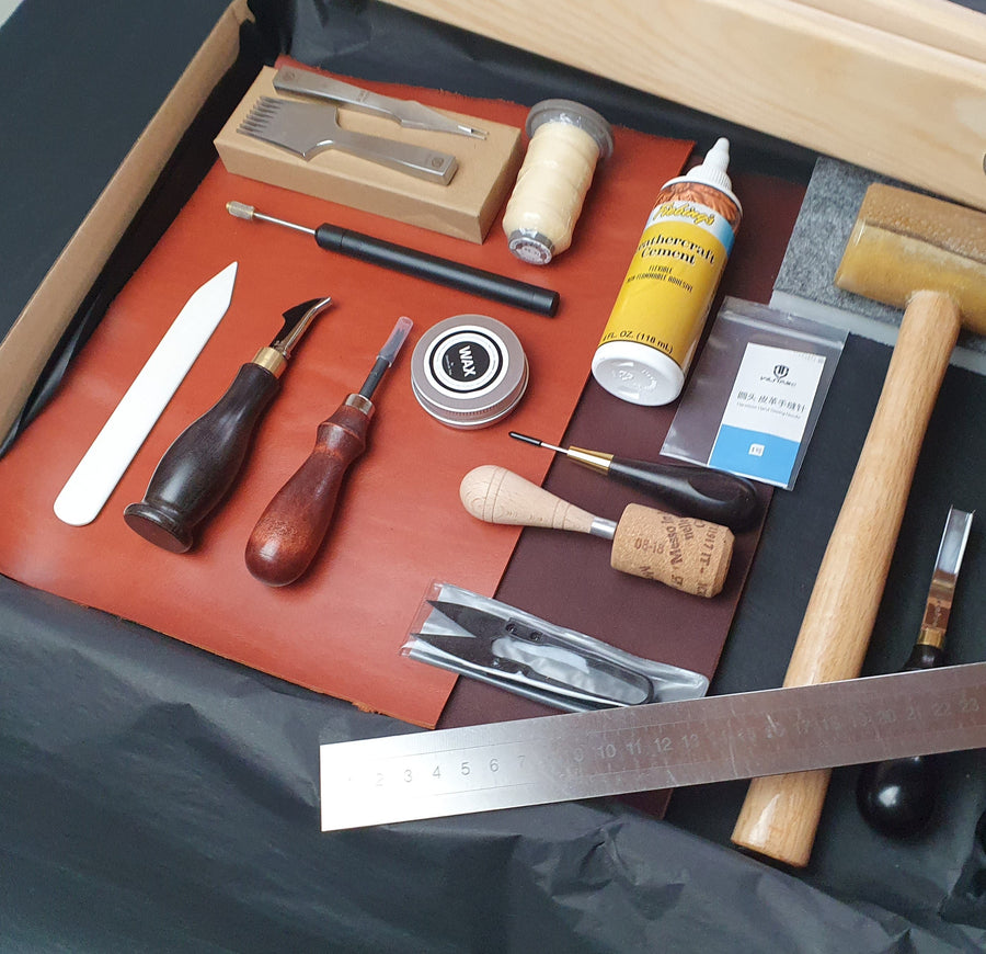 Luxury leather craft tool kit Option A arranged with hand-stitching and finishing tools