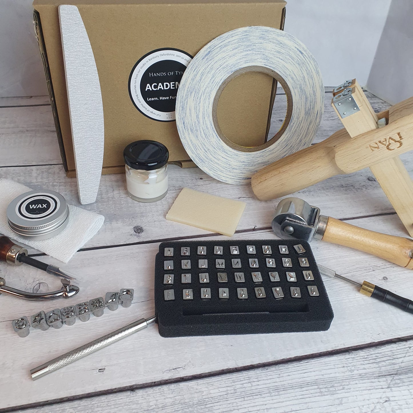 Hands of Tym Tools and Supplies Finishing touches Leather Tool kit Option C (with strap cutter and stamping set) Leather craft tool kit Professional Finish
