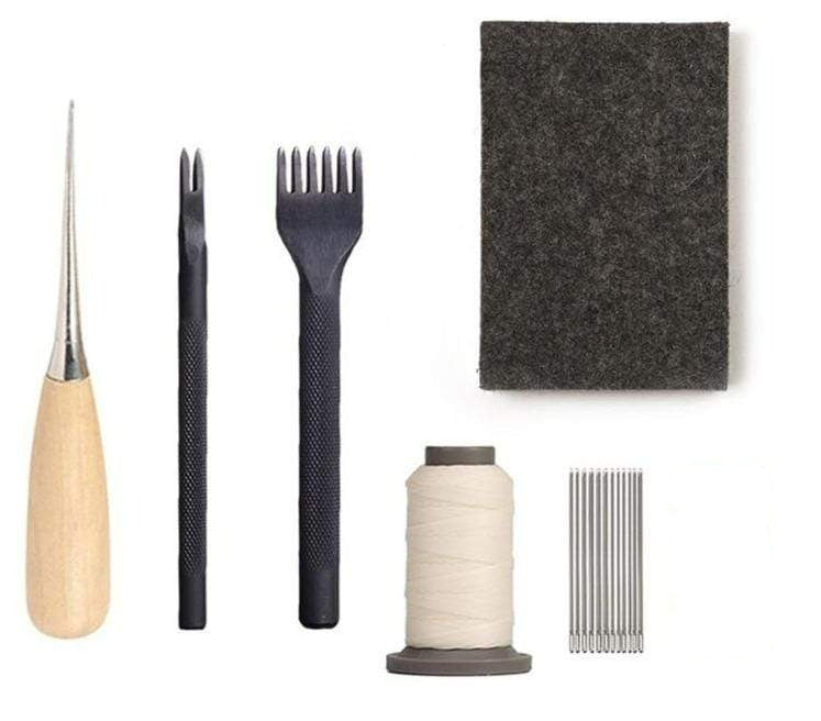 Beginner leather craft tool kit Option A with awl, pricking irons, punching block, thread and needles
